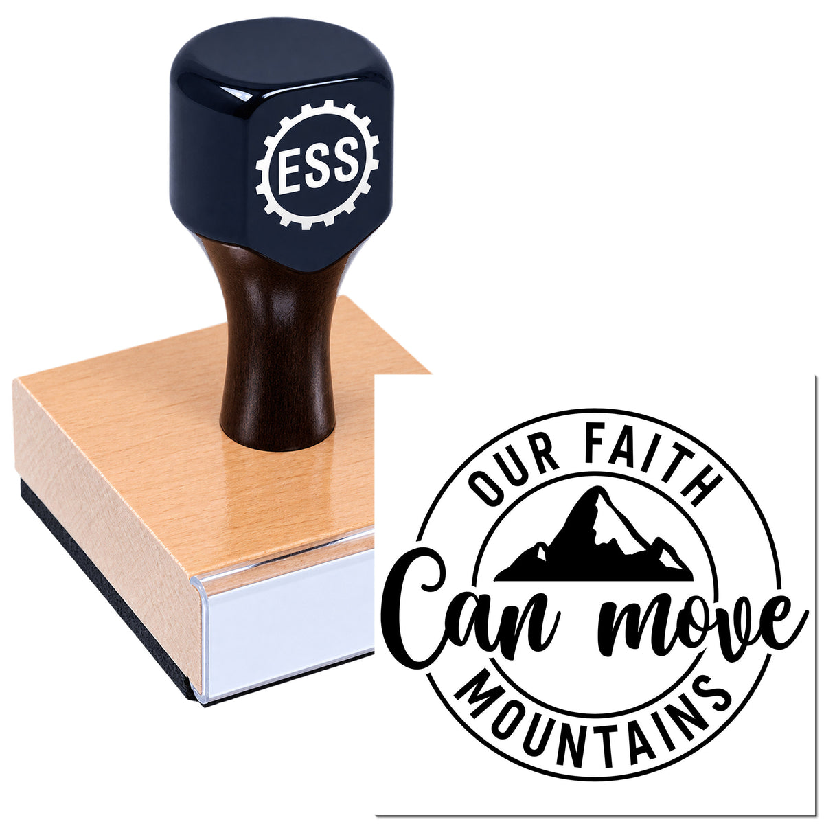 Black self-inking stamp with ESSE logo on a wooden base beside a black circular seal reading "Our Faith Can Move Mountains."