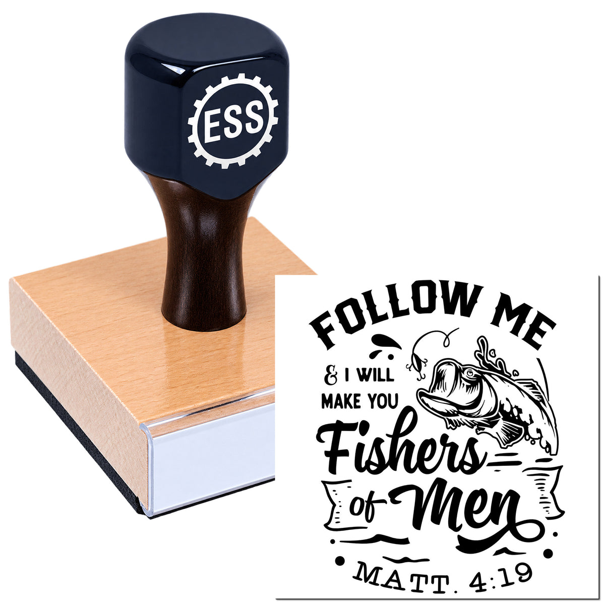 Black ESS stamp handle on a square seal block with a custom fishing-themed "Follow Me" seal design.
