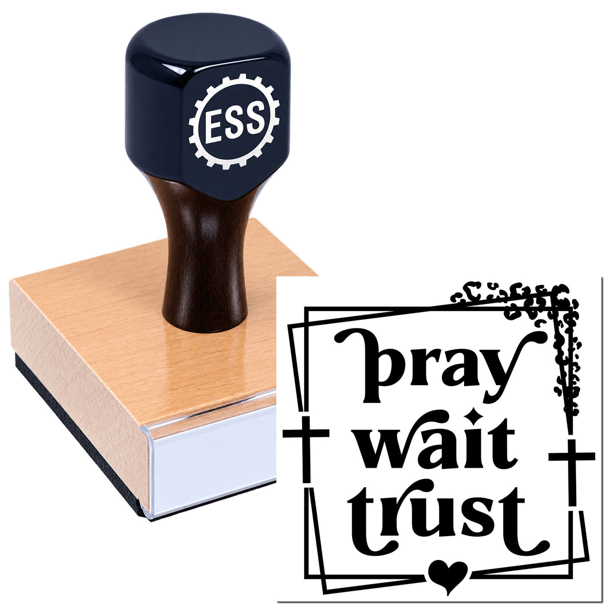 Navy ESS stamp on a wooden block with a black decorative "pray wait trust" seal design.