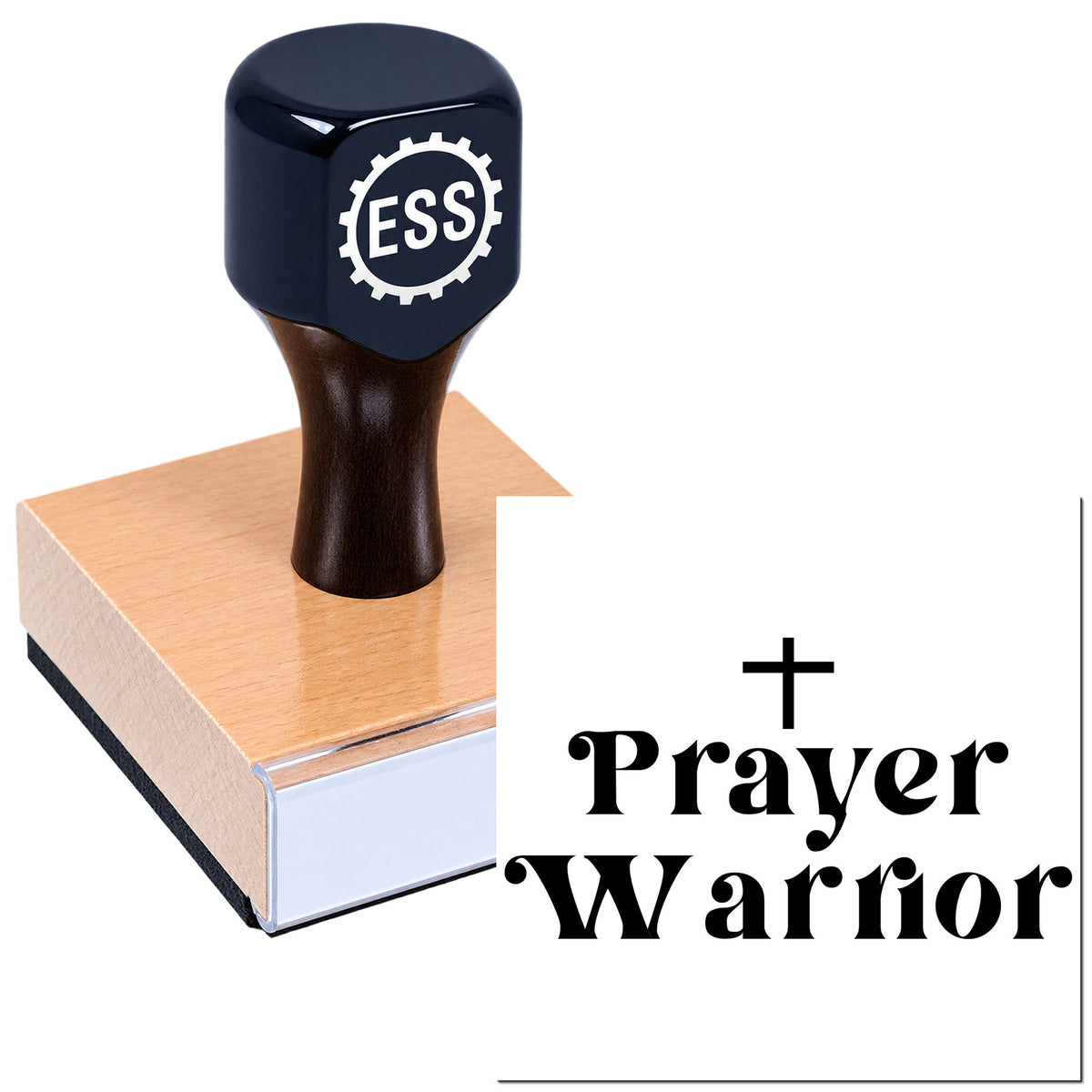 Dark navy ESS stamp seal on a wooden block, with "Prayer Warrior" text and a plus sign