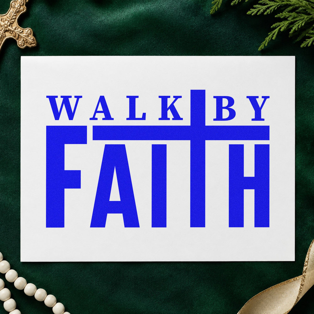 Walk by Faith craft stamp in blue ink on cardstock, an easy option for canvas totes.