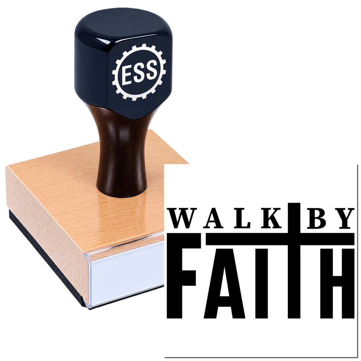 Dark navy ESS rubber stamp seal on copper block with black Walk By Faith logo.