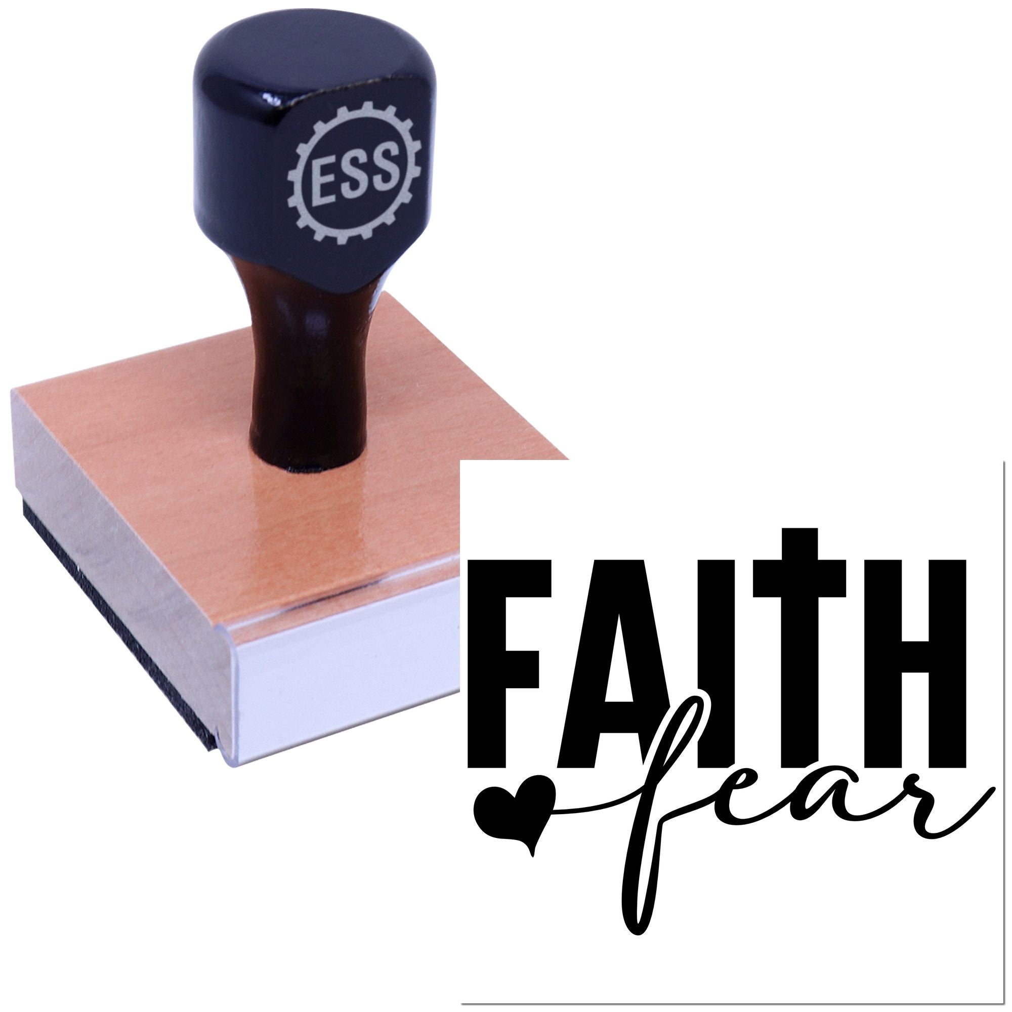 Black ESS stamp on tan wooden seal block with white background and Faith over fear text, custom stamp and seal product.