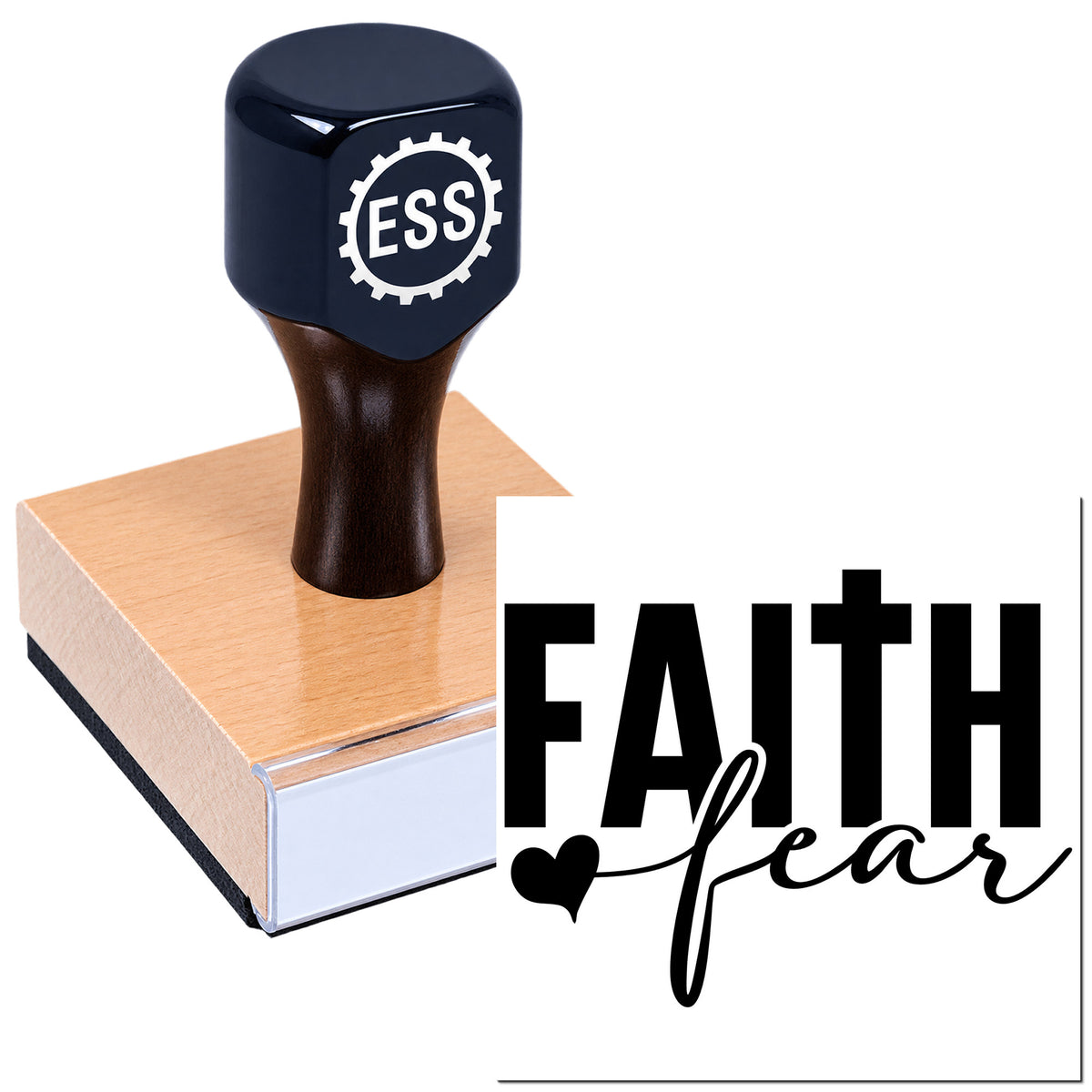 Black ESS stamp on tan wooden seal block with white background and "Faith over fear" text, custom stamp and seal product.