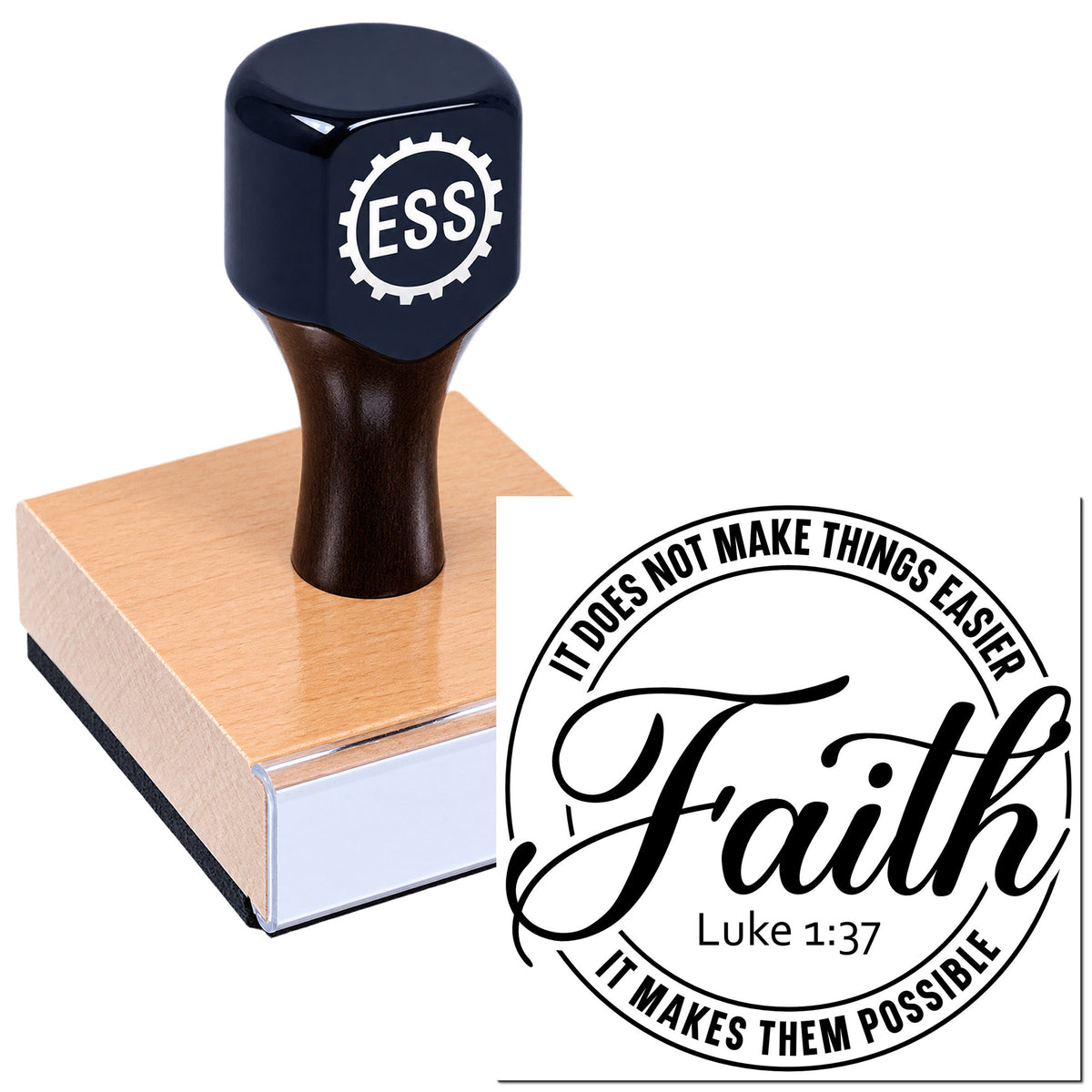Navy rubber stamp on wooden block with circular faith seal reading "It does not make things easier, it makes them possible."
