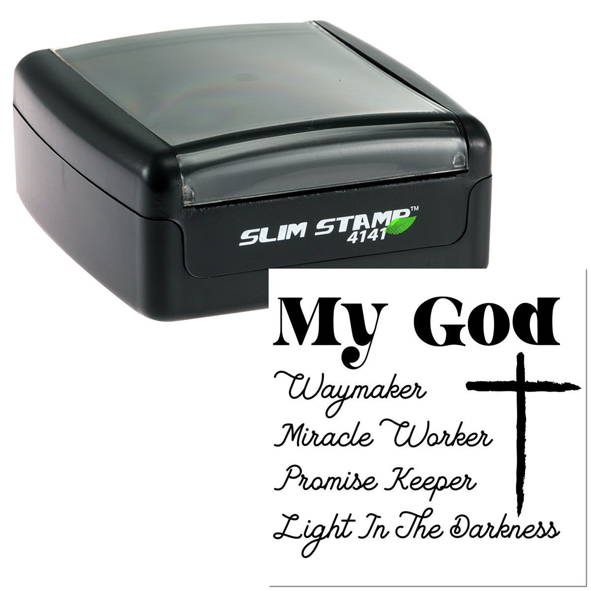 Black slim self-inking stamp and seal with My God text, Waymaker, Miracle Worker, Promise Keeper, and cross.