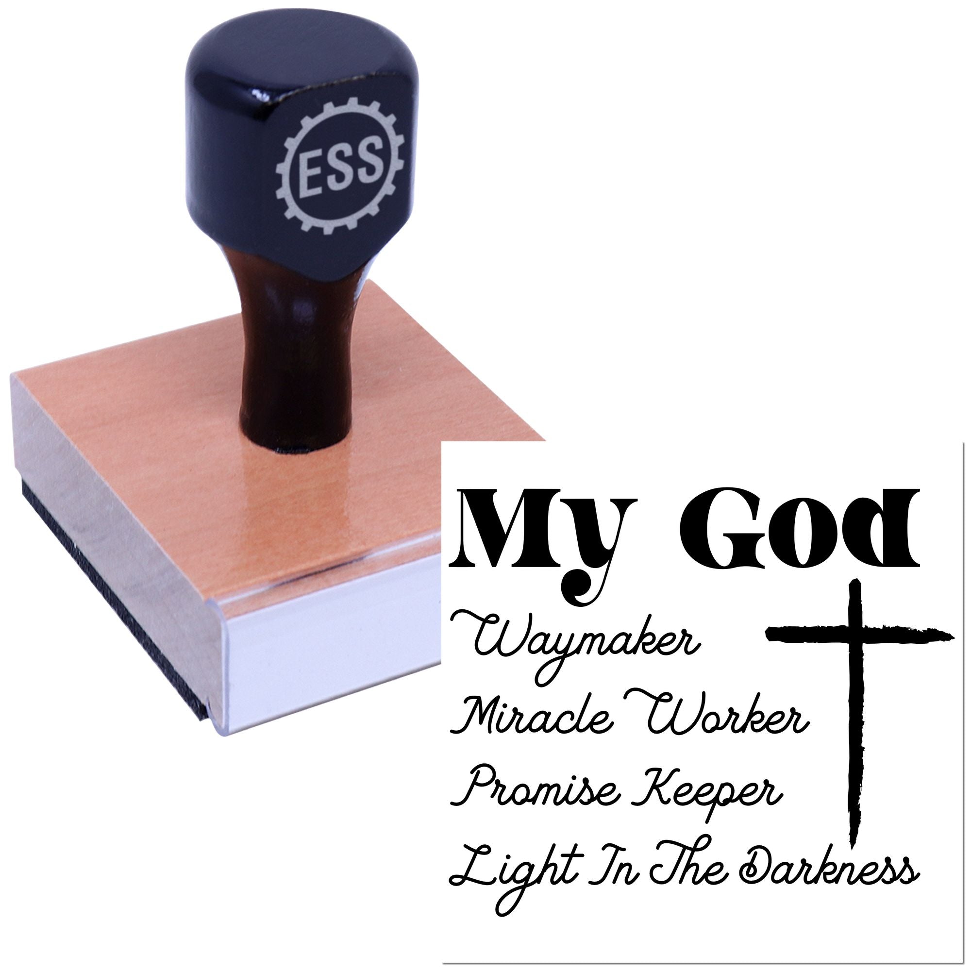 Navy ESS stamp and seal on a wooden block beside black My God Christian word art and cross.