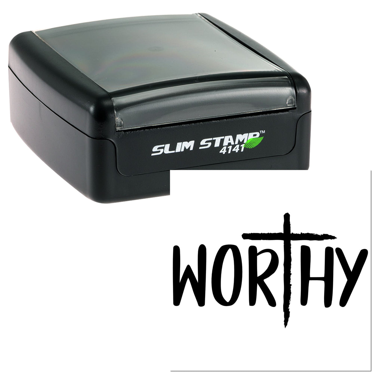 Black self-inking stamp and seal dispenser with gray translucent cover and WORTHY logo on white background