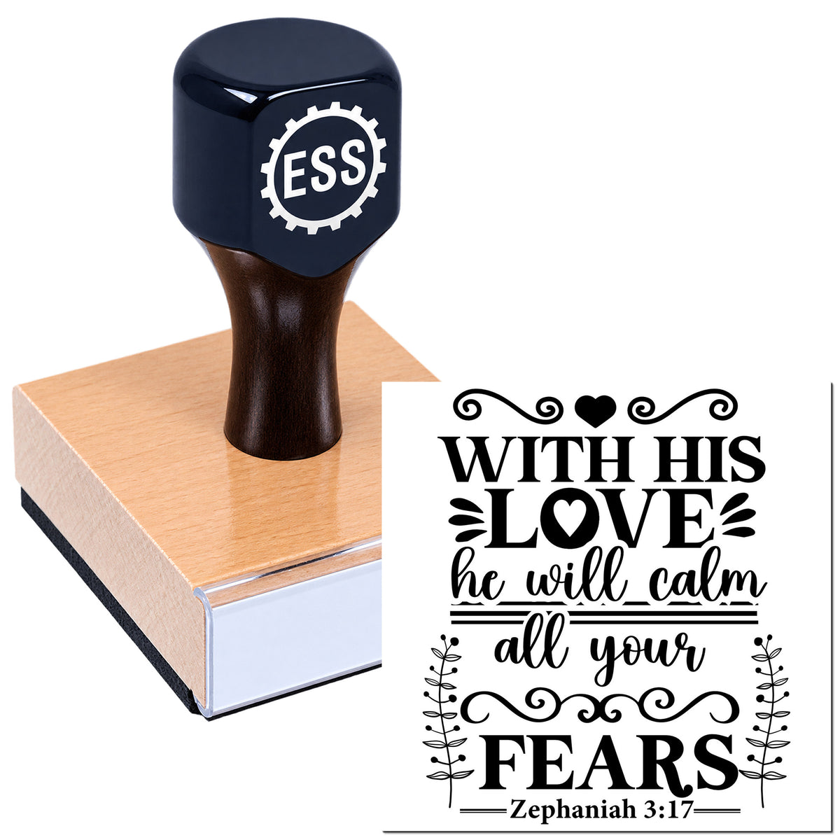 Dark blue ESS rubber stamp seal on a wooden block, with black decorative scripture design and heart accents