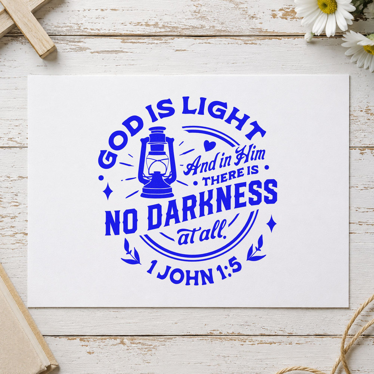 God Is Light Lantern craft stamp in blue ink on cardstock, an easy option for round label seals.