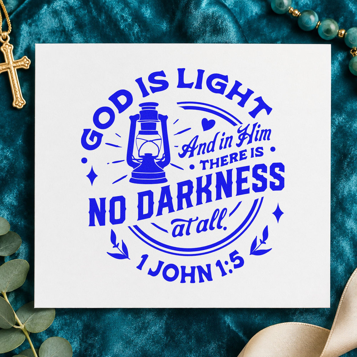 God Is Light Lantern craft stamp imprinted in blue ink on paper, a design suited to canvas totes.