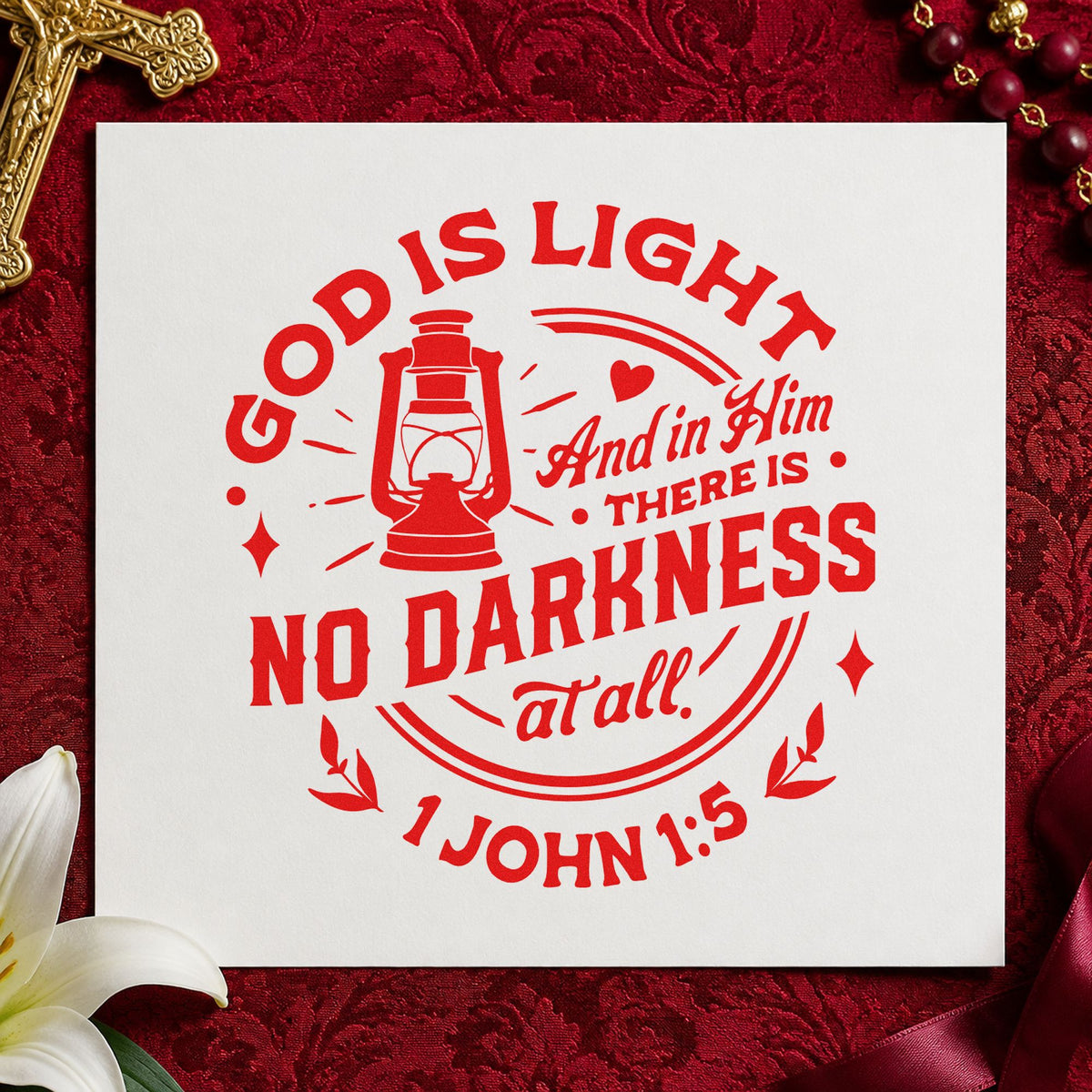 God Is Light Lantern rubber stamp shown in red ink, stamped for projects such as grief support cards.