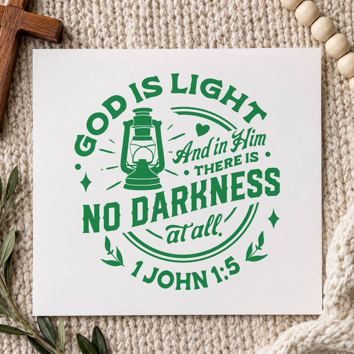God Is Light Lantern craft stamp imprint in green ink on a handmade project, one idea being framed porch art.