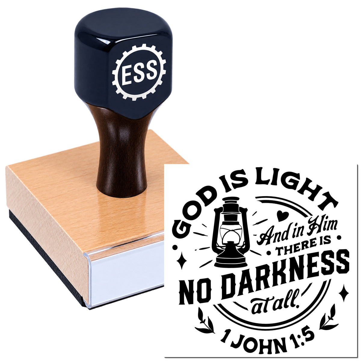 Dark navy custom rubber stamp on wooden block beside black religious seal design with lantern, stars, and bold text on white.