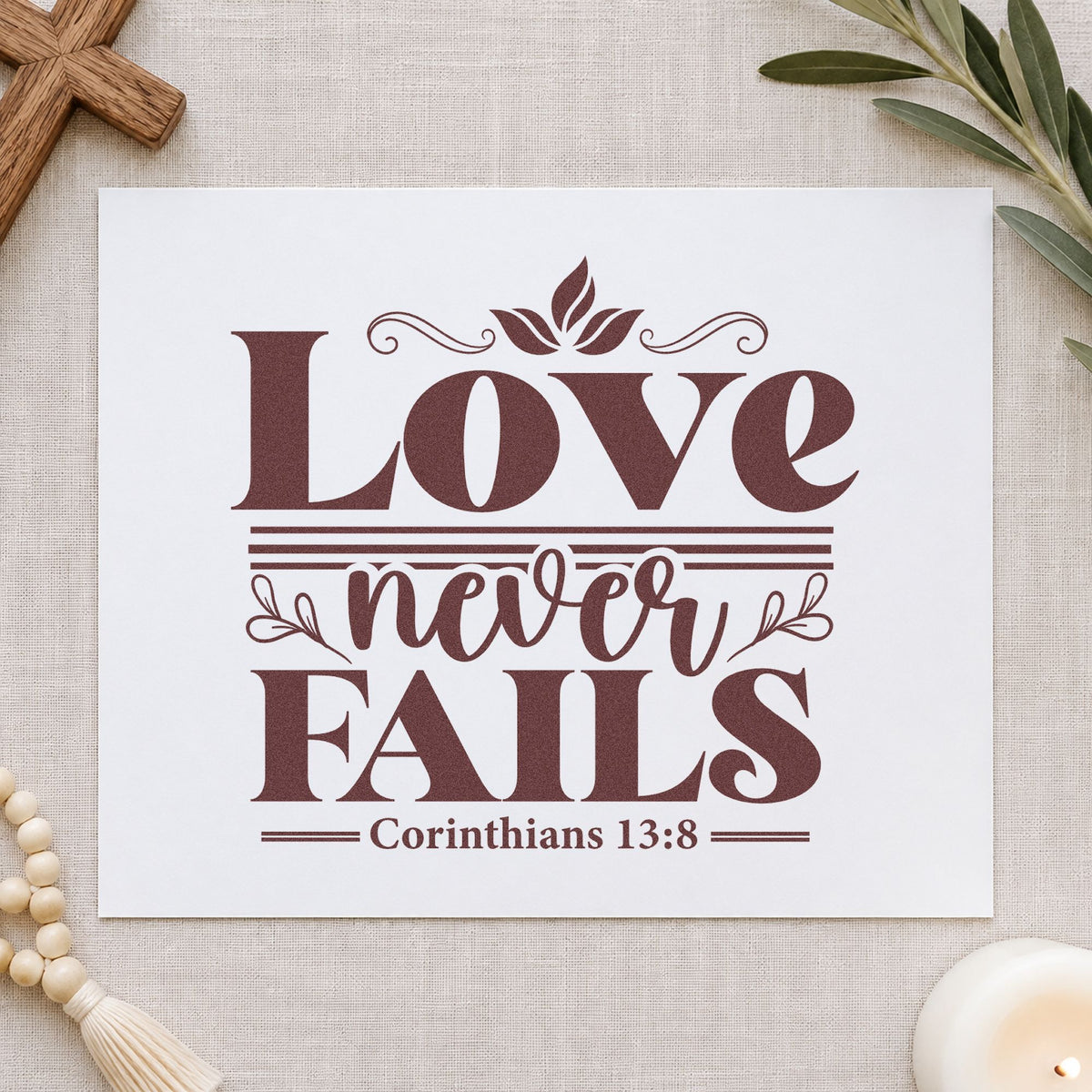 Love Never Fails Flourishes rubber stamp printed in brown ink, ready for wedding album pages and similar paper crafts.