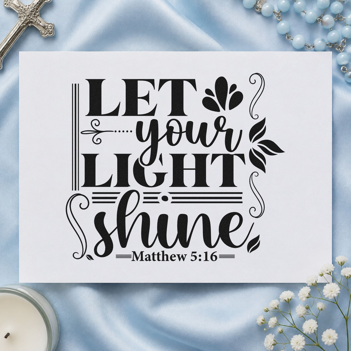 Let Your Light Shine Scrolls rubber stamp printed in black ink, ready for scroll light cards and similar paper crafts.
