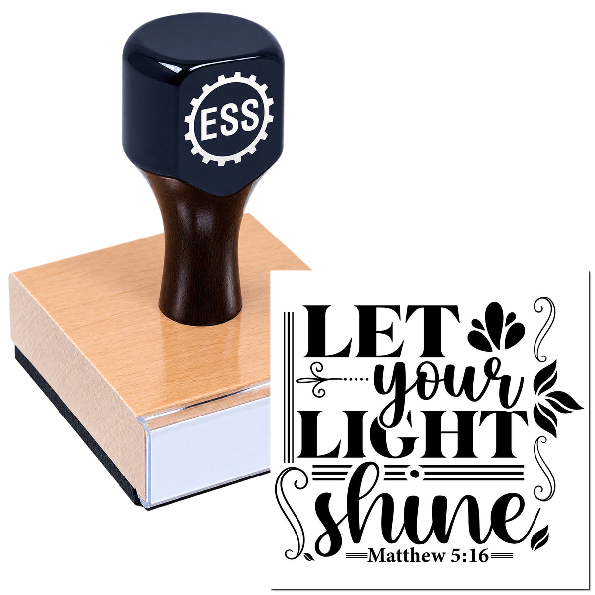 Dark navy ESS self-inking stamp on a pink wooden block beside a black "Let your light shine" seal design.