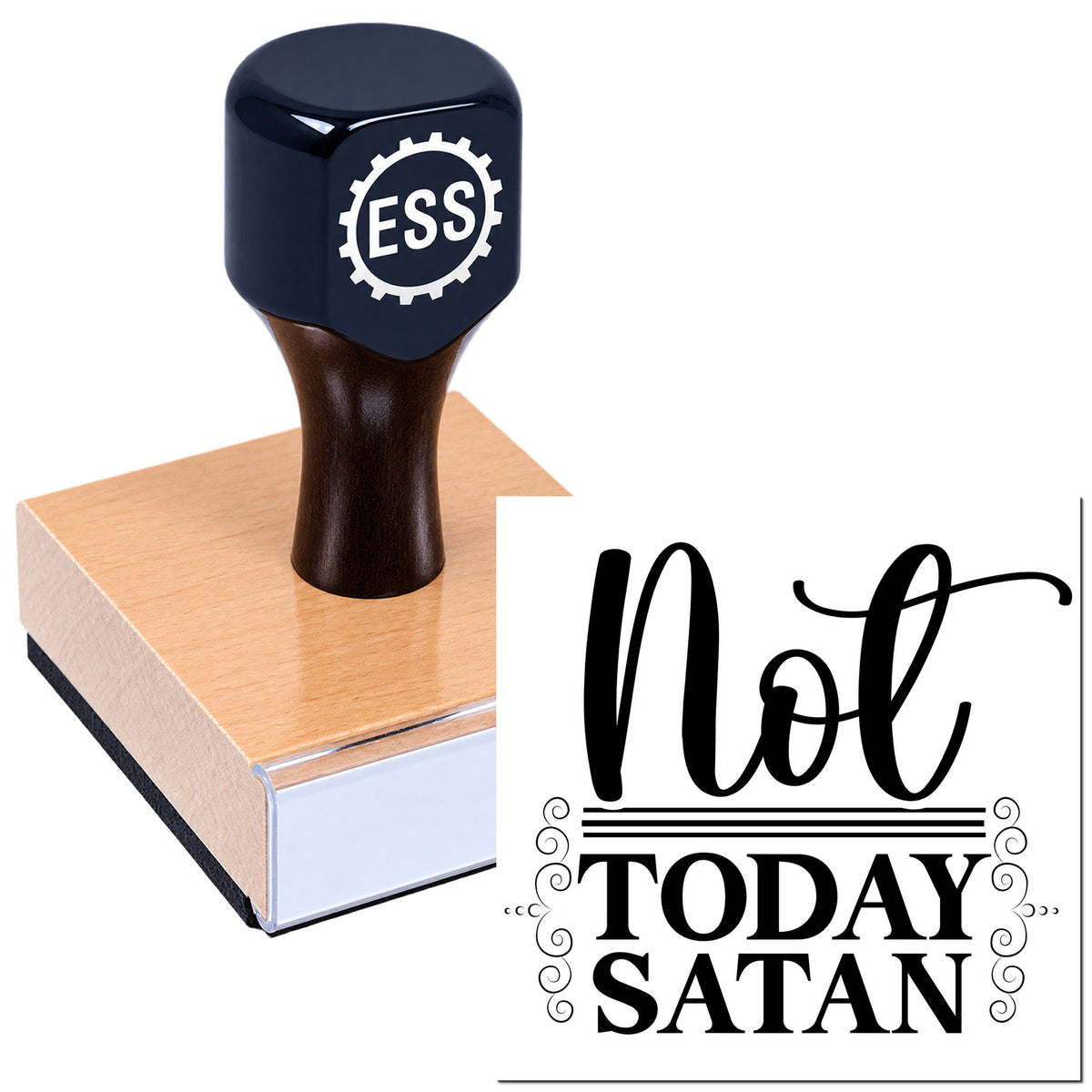Black ESS rubber stamp on a pink seal pad beside a decorative black "Not Today Satan" stamp design.
