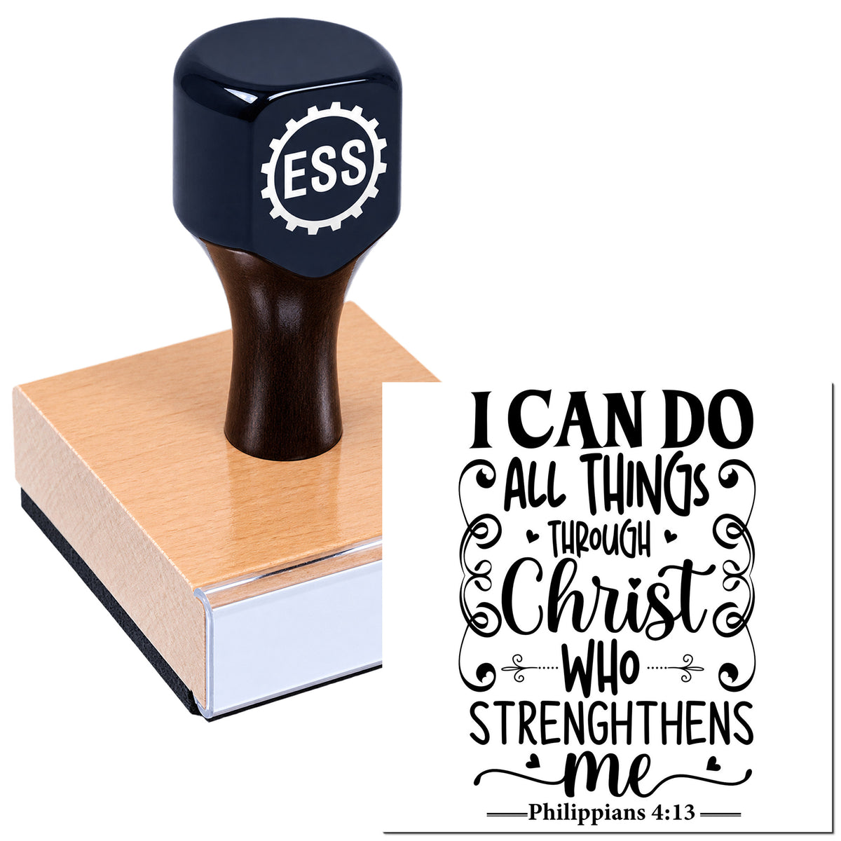 Black ESS rubber stamp on pink wood base beside decorative seal art with "I can do all things through Christ who strengthens me."