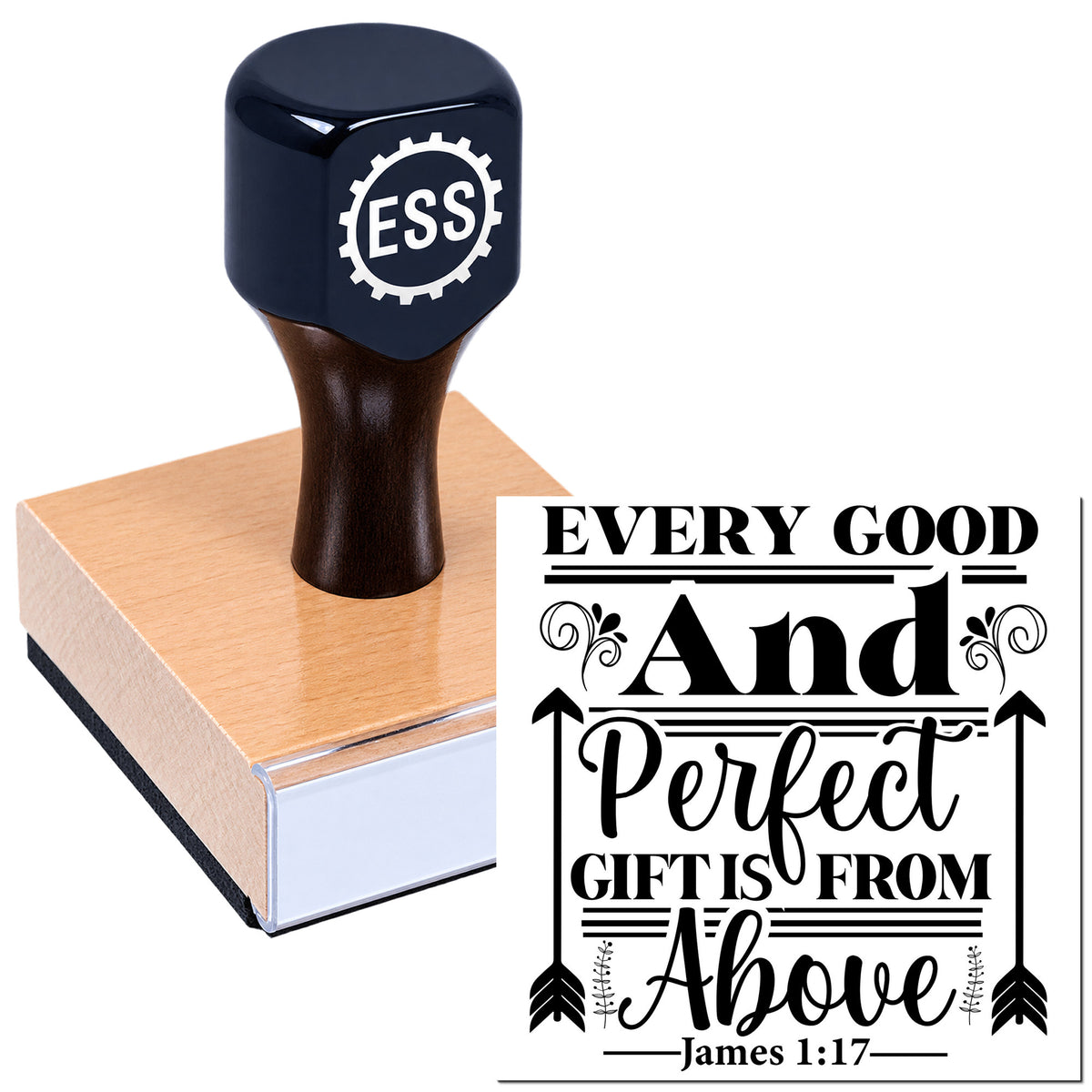 Black ESS stamp and seal on pink wood block with Bible verse design: "Every good and perfect gift is from above."