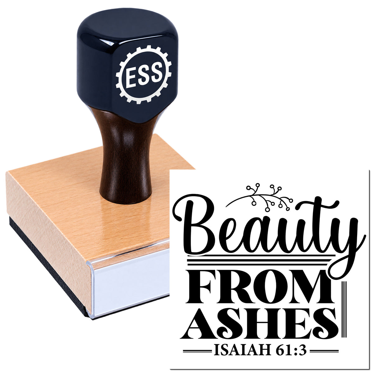 Navy ESS stamp and seal on wooden base with black "Beauty From Ashes Isaiah 61:3" design.