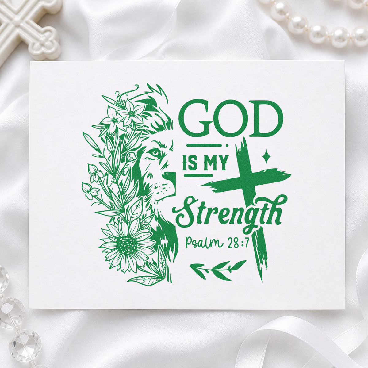 God Is My Strength Lion craft stamp imprint in green ink on a handmade project, one idea being men's retreat gifts.