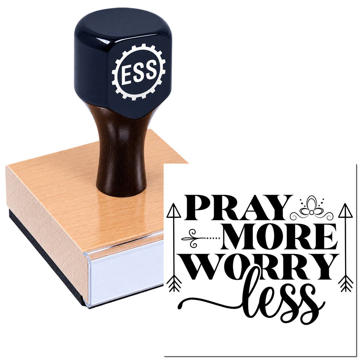 Black ESS rubber stamp and seal on tan base with bold black "PRAY MORE WORRY LESS" design.