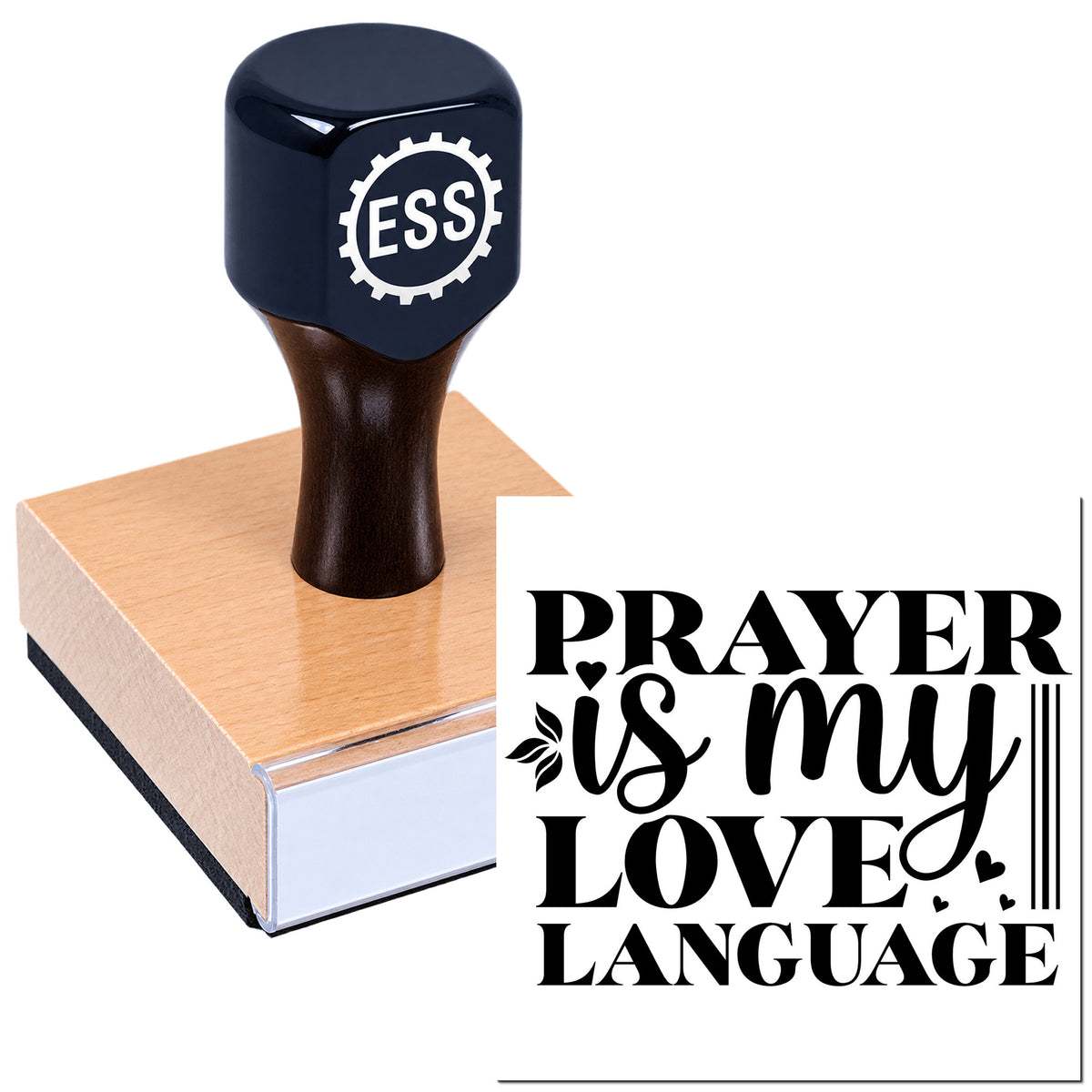 Dark navy custom stamp and wooden seal block with ESS logo and "PRAYER is my LOVE LANGUAGE" design in black and white.