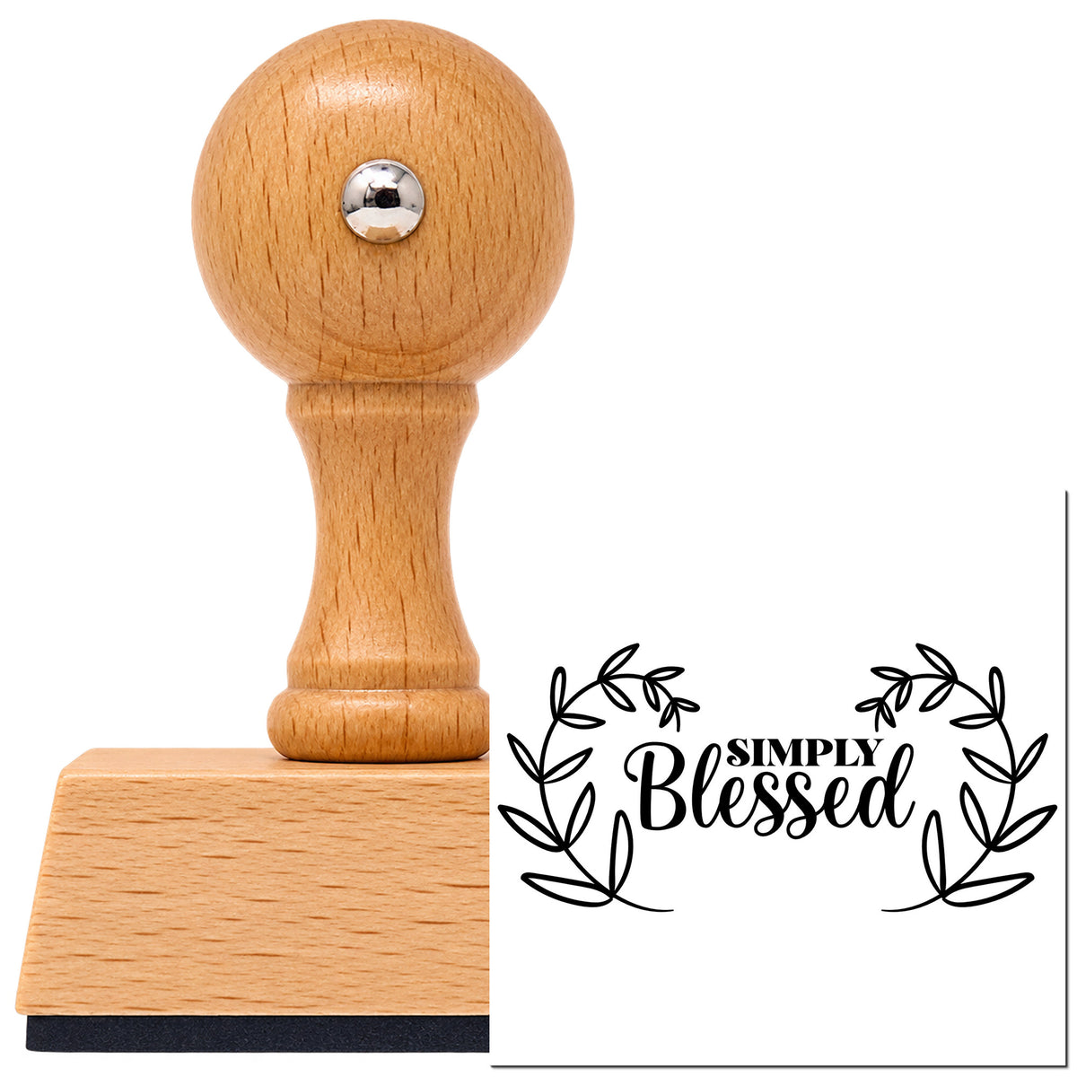 Vintage Pro beech wood stamp with a round knob handle, shown with its black Simply Blessed Leaf Wreath Leafy Branches imprint on white.