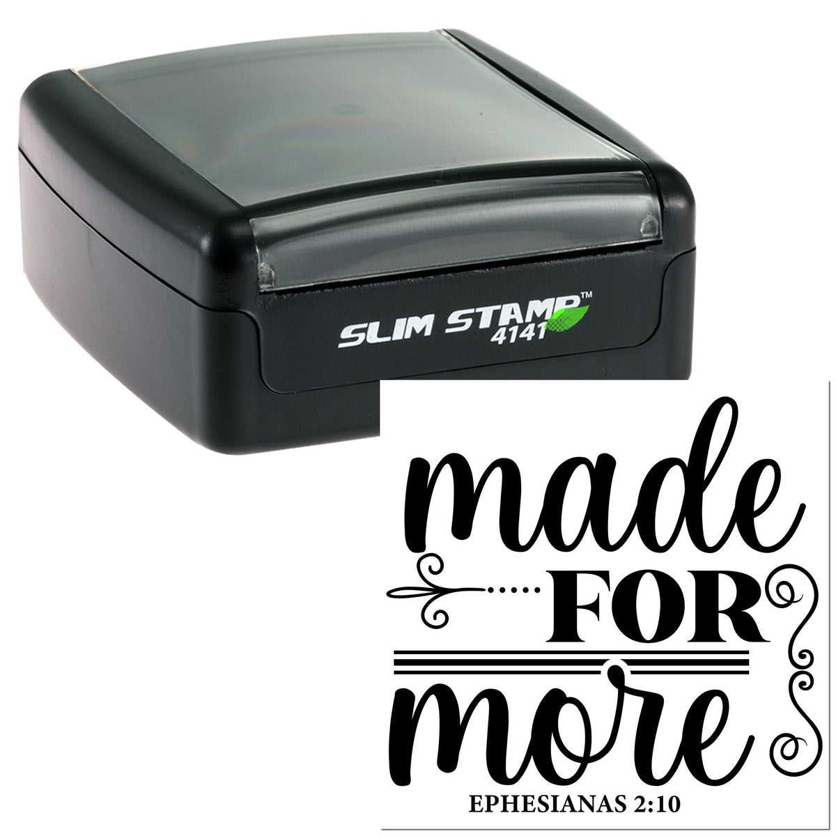 Black self-inking stamp and seal with gray top, showing made for more script design in black on white.