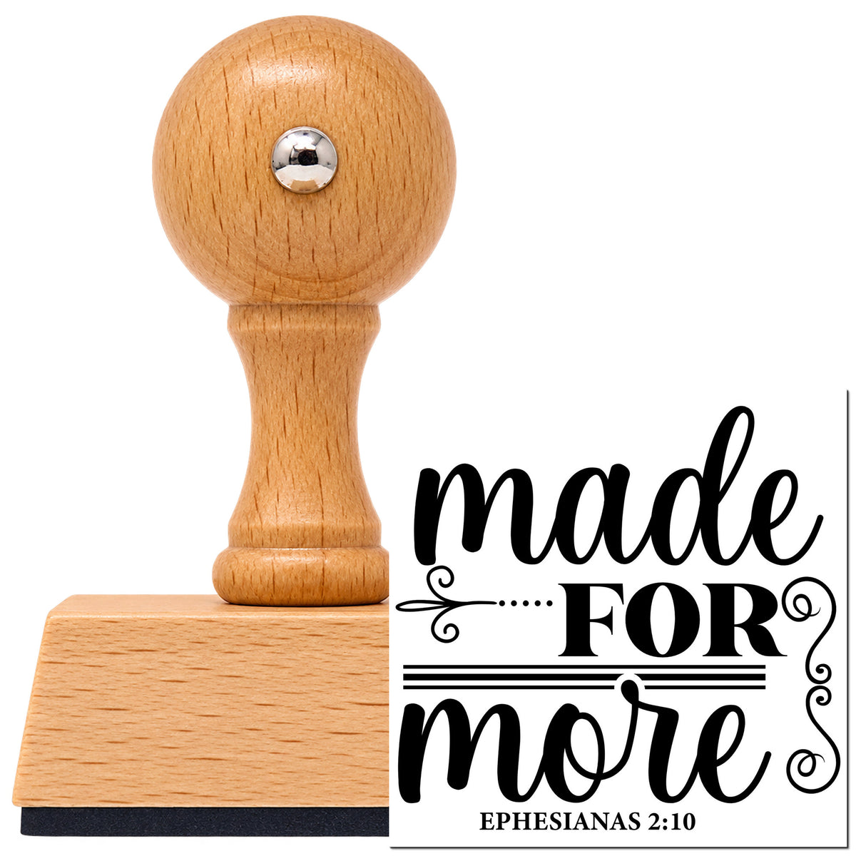 Vintage Pro beech wood stamp with a round knob handle, shown with its black Made For More Scrollwork imprint on white.