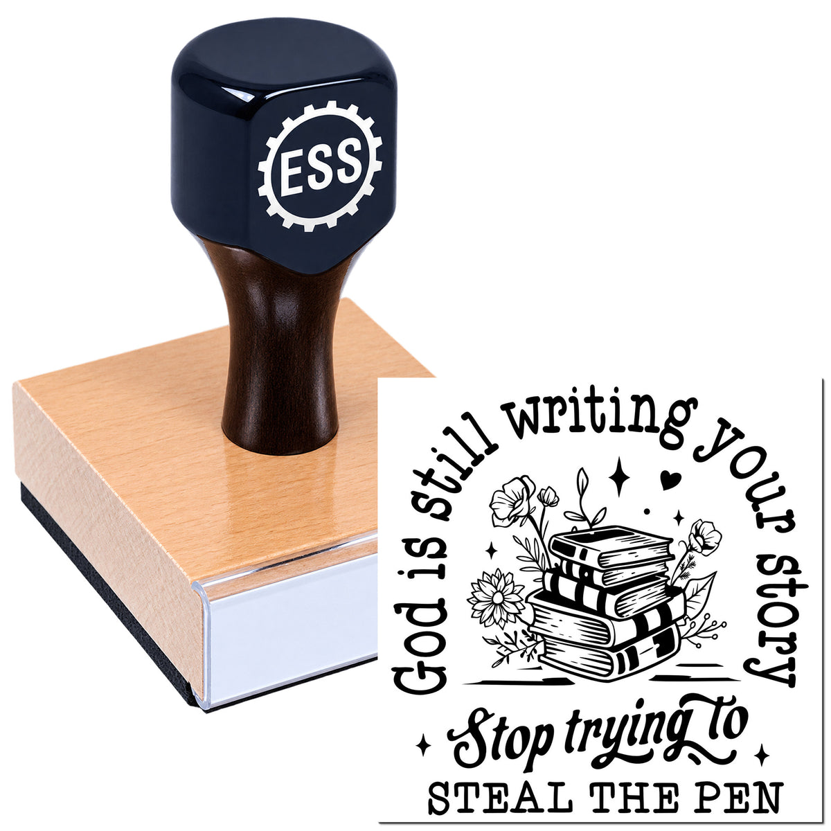 Dark blue stamp on a wooden block beside a black circular seal reading "Good is still writing your story" with book art.