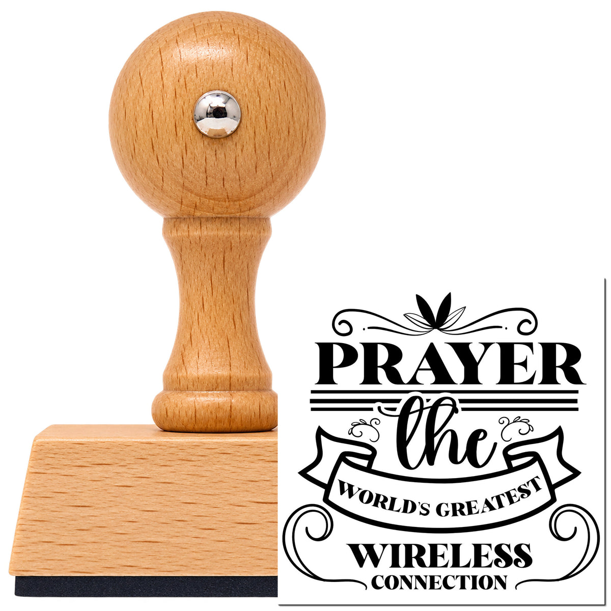 Vintage Pro beech wood stamp with a round knob handle, shown with its black Prayer Wireless Ribbon imprint on white.