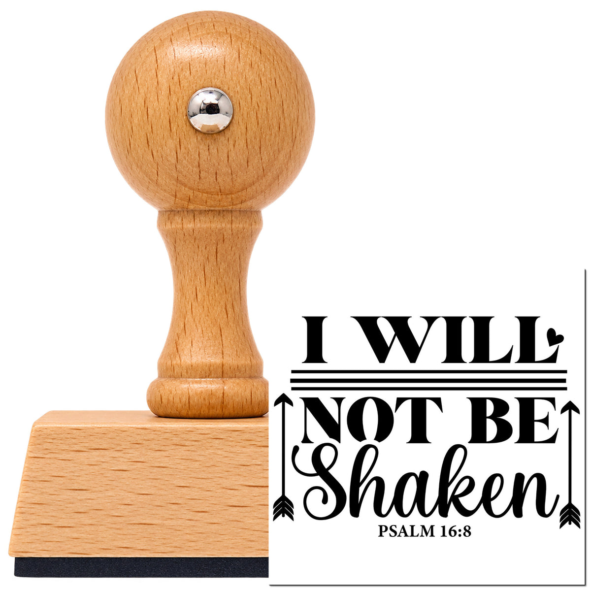 Vintage Pro beech wood stamp with a round knob handle, shown with its black I Will Not Be Shaken Arrows With Hearts imprint on white.