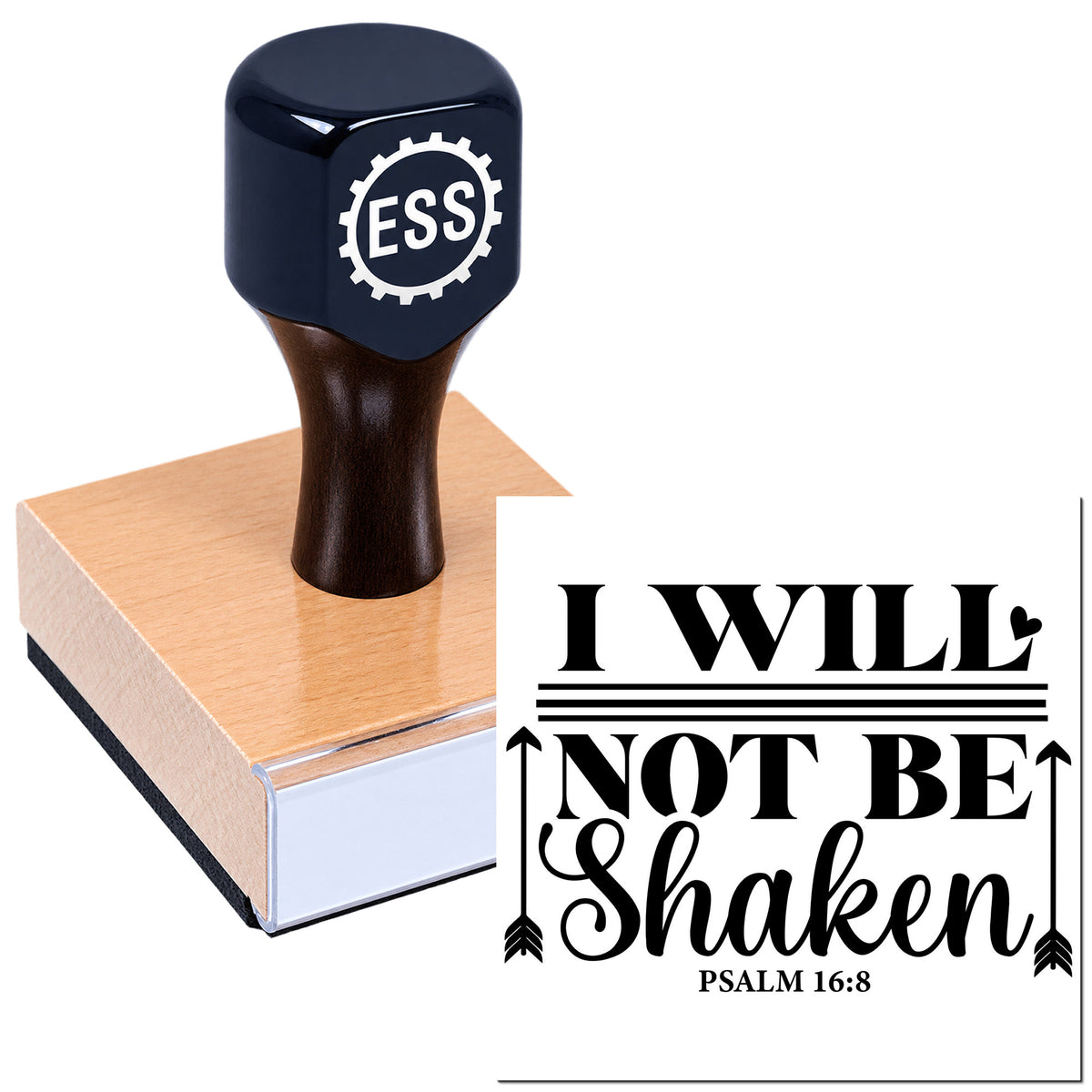 Dark navy ESS stamp on a copper wooden block beside black "I WILL NOT BE SHAKEN" seal with arrows, heart, Psalm 16:8.