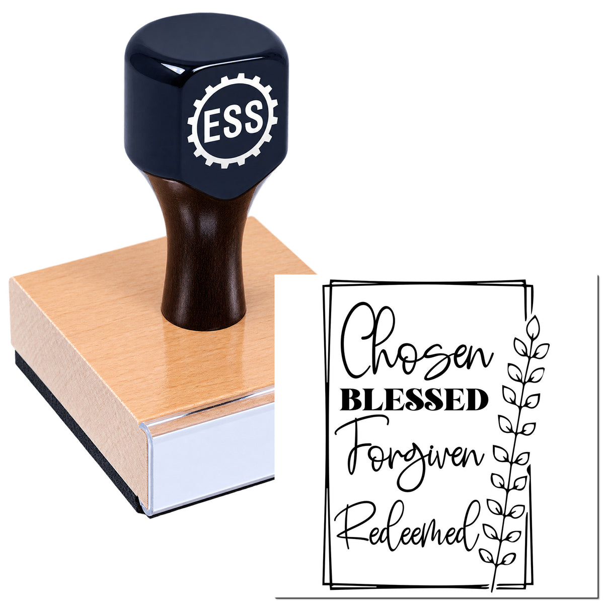 Navy ESS stamp and seal set on a pink wooden block beside a Chosen, Blessed, Forgiven, Redeemed design.