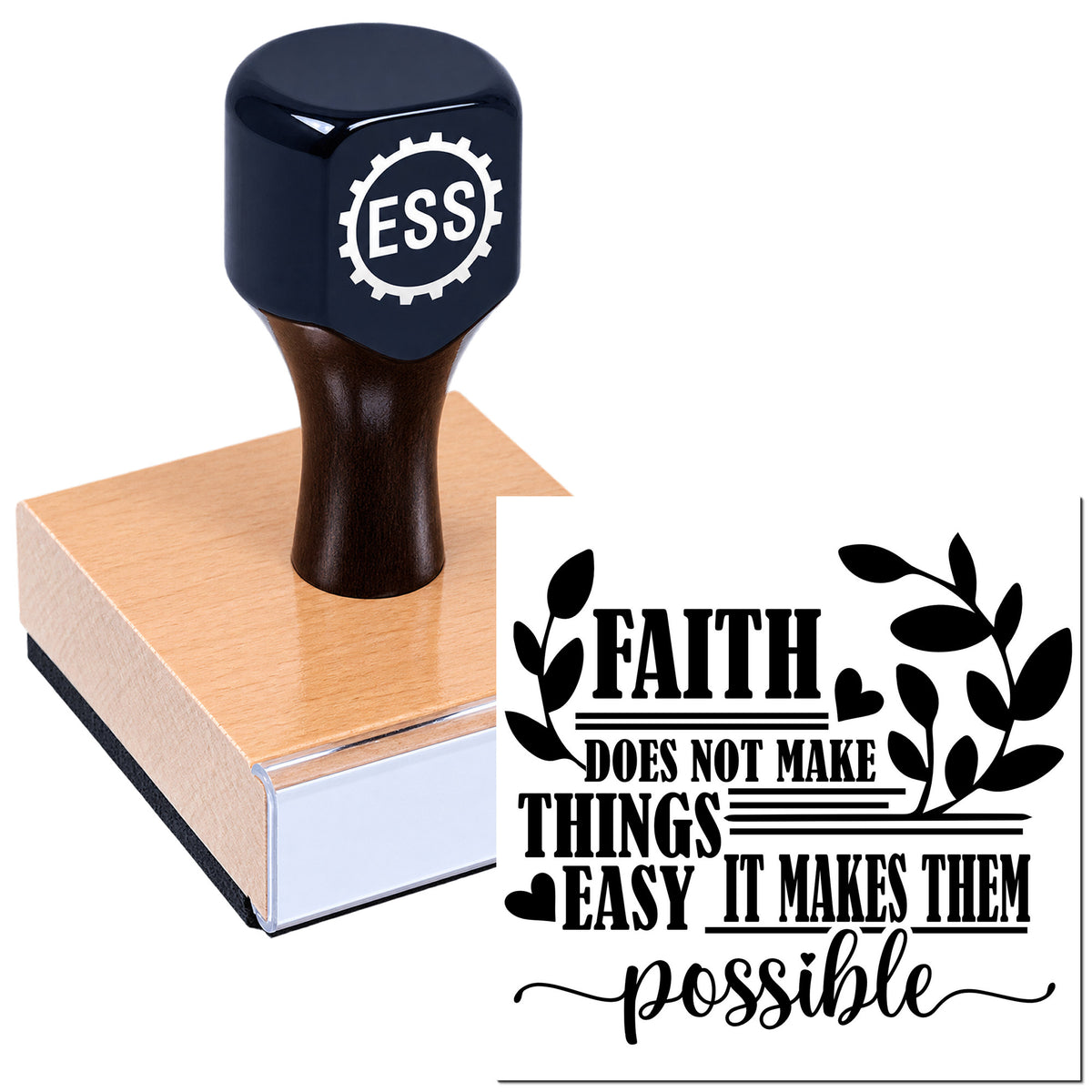 Dark blue ESS rubber stamp on wooden block, with black faith quote seal design and leafy accents.
