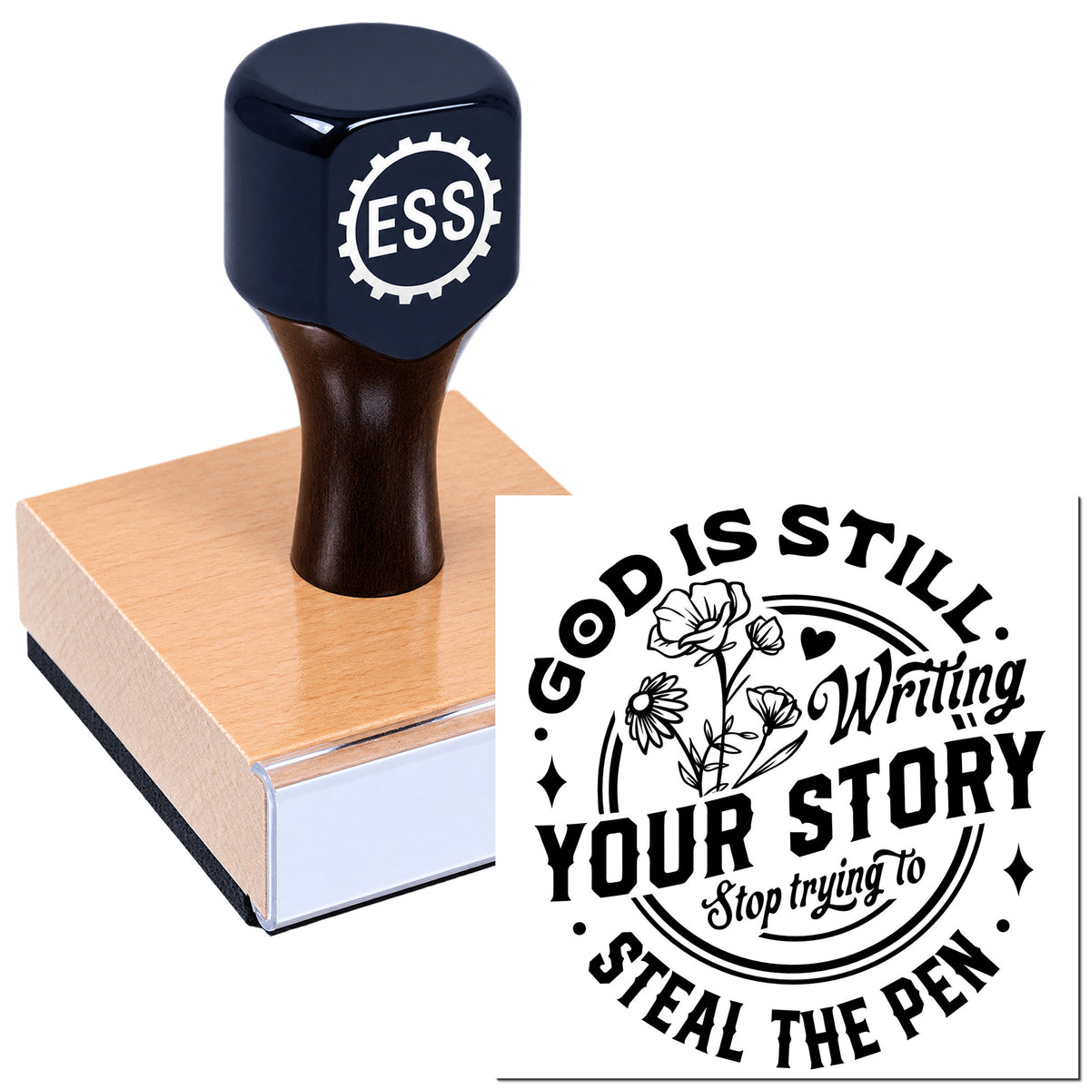 Dark blue custom rubber stamp and wooden seal block with ESS logo, showing a bold black floral seal impression.