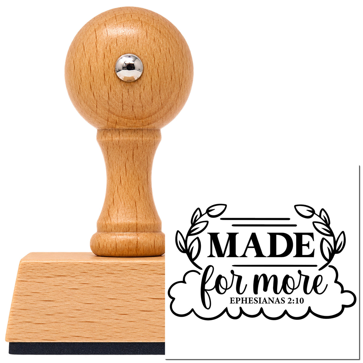 Vintage Pro beech wood stamp with a round knob handle, shown with its black Made For More Leaf Framed Lettering imprint on white.