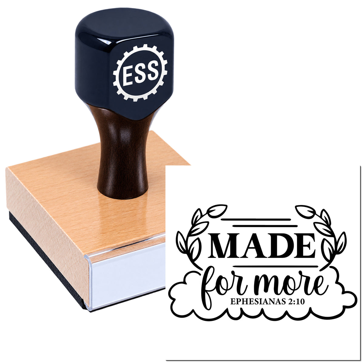 Black ESS custom stamp on pink wooden block with "Made for more" seal design and Ephesians 2:10 text