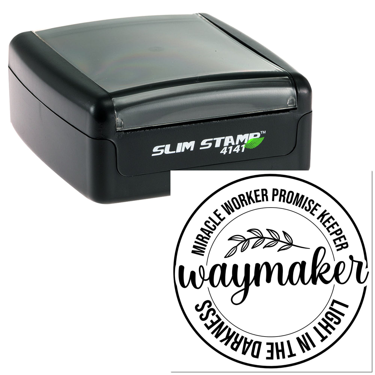 Black Slim Stamp 4141 self-inking stamp with custom circular Waymaker seal in black and white.