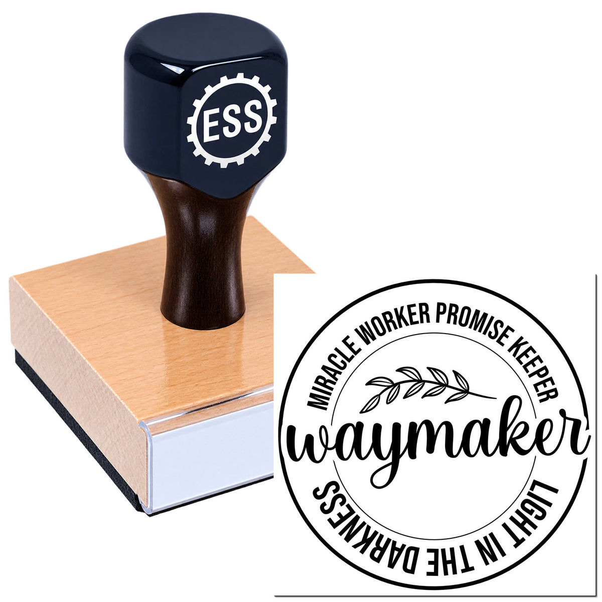 Dark blue ESS rubber stamp on a pink seal block beside a black circular Waymaker seal design.