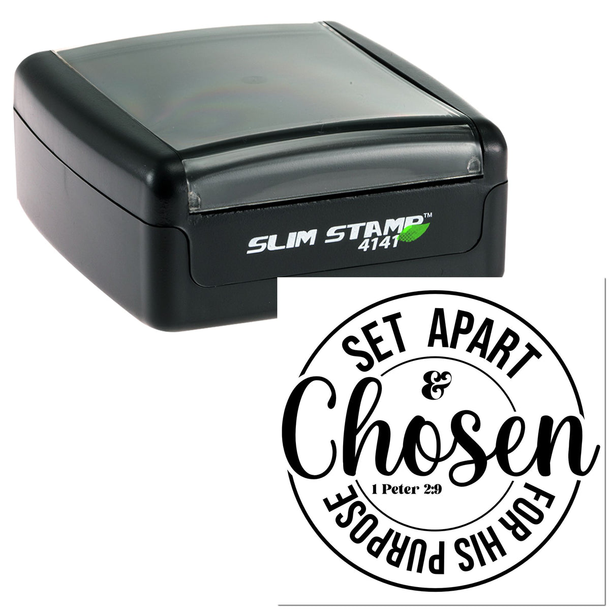 Black Slim Stamp 4141 self-inking stamp with gray lid and circular Christian seal reading Set Apart and Chosen