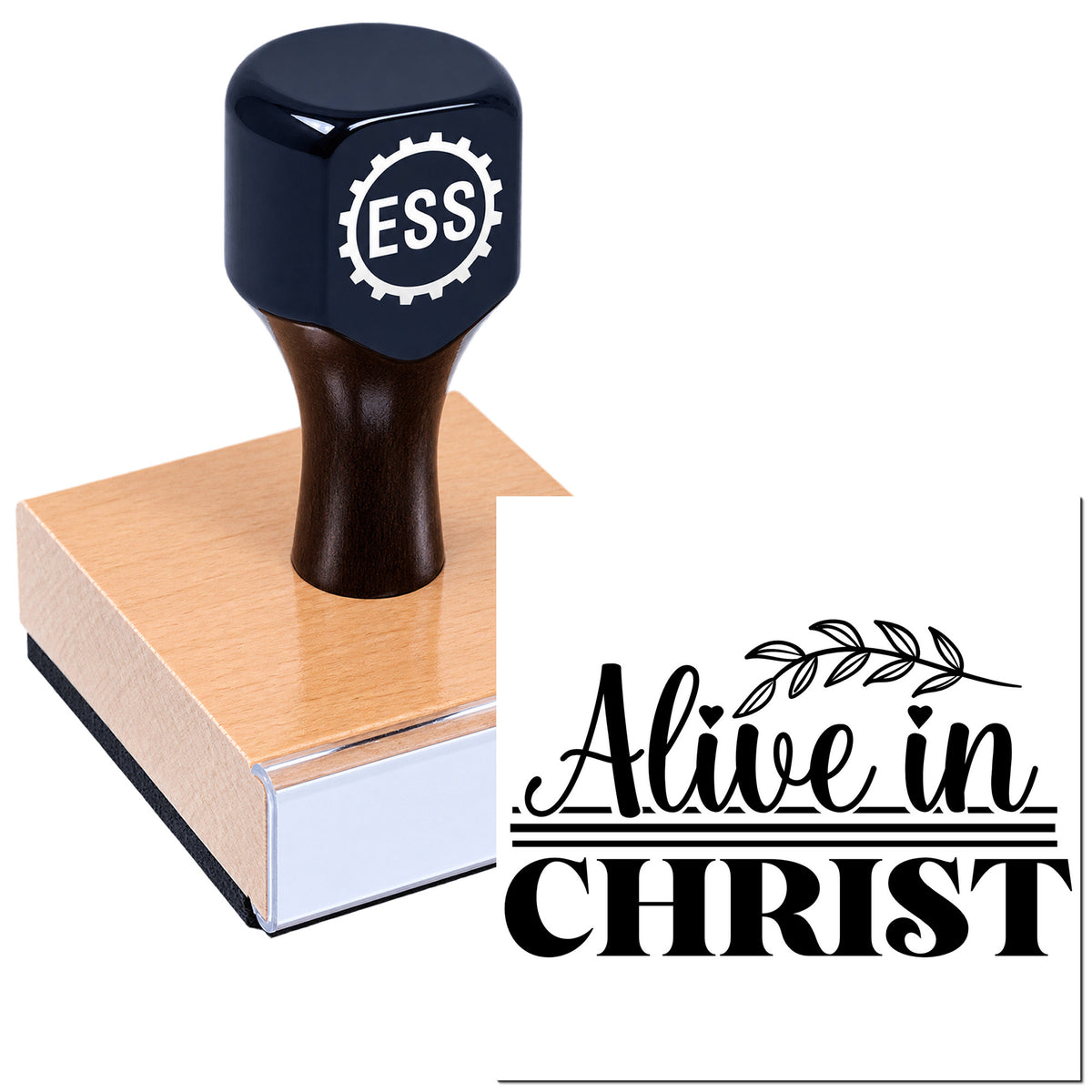 Black rubber stamp on a peach seal block with ESSL logo and "Alive in Christ" wording in black script