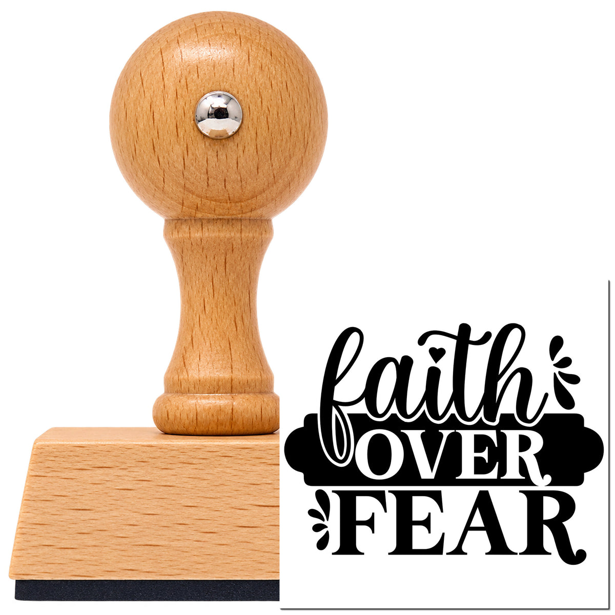 Vintage Pro beech wood stamp with a round knob handle, shown with its black Faith Over Fear Banner Script Lettering imprint on white.