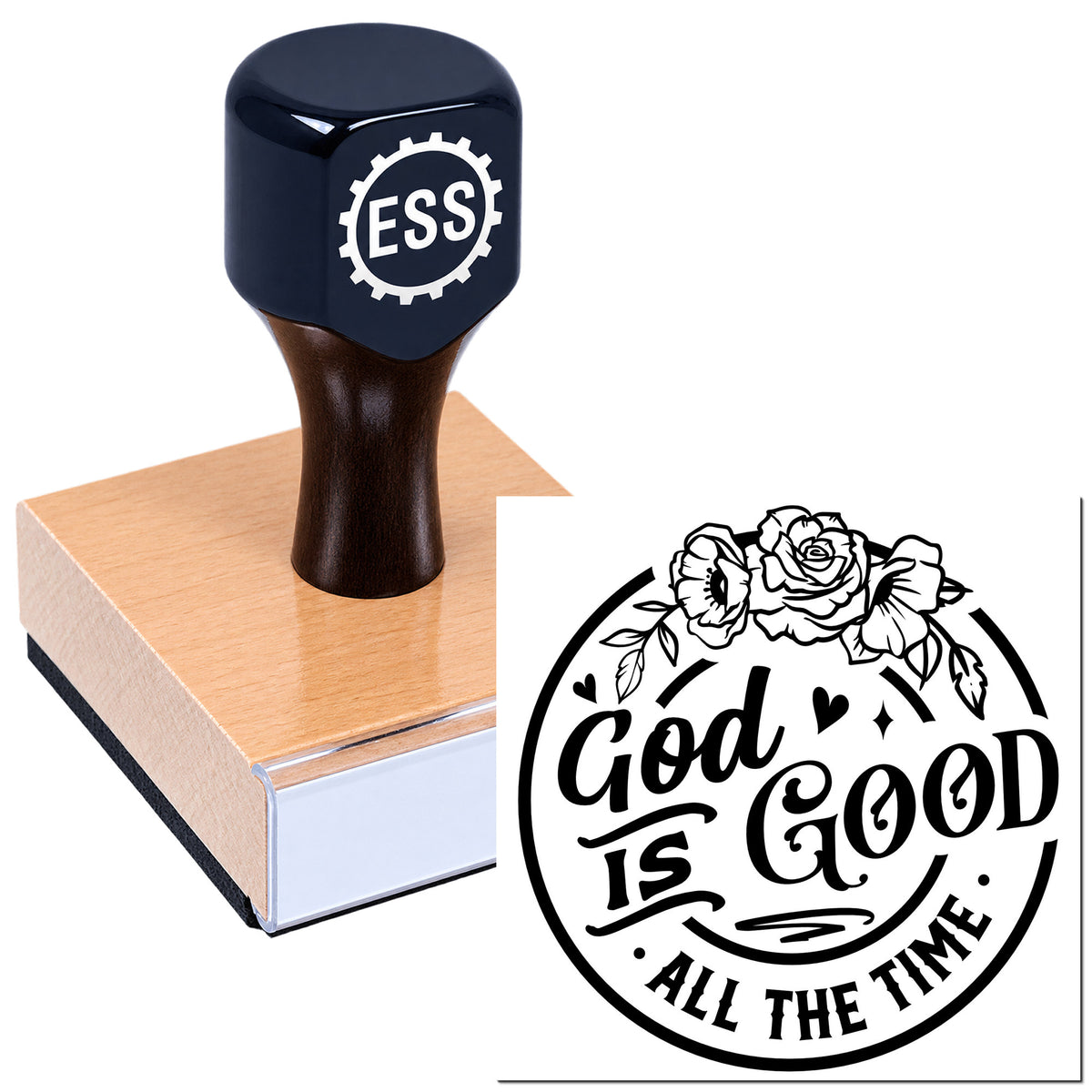 Navy ESS stamp on a wooden block, with black floral "God is Good" seal design sample.