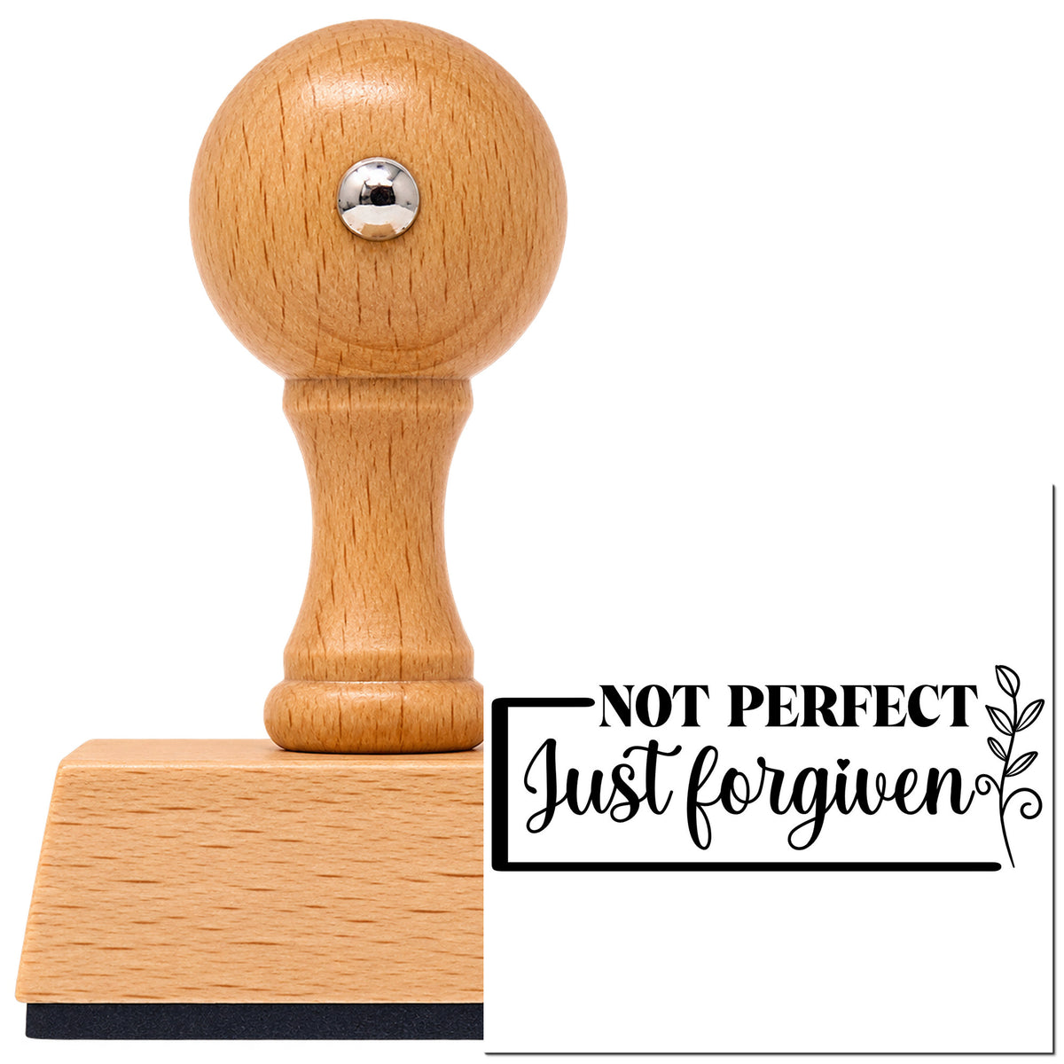 Vintage Pro beech wood stamp with a round knob handle, shown with its black Not Perfect Forgiven Leaf Framed Lettering imprint on white.