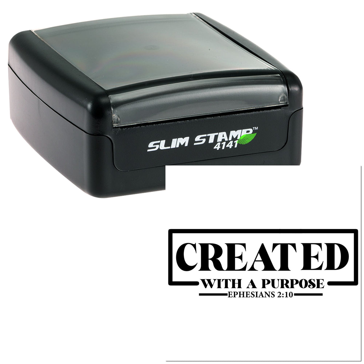 Black Slim Stamp 4141 self-inking stamp with translucent gray cover and bold Created with a Purpose black seal design.