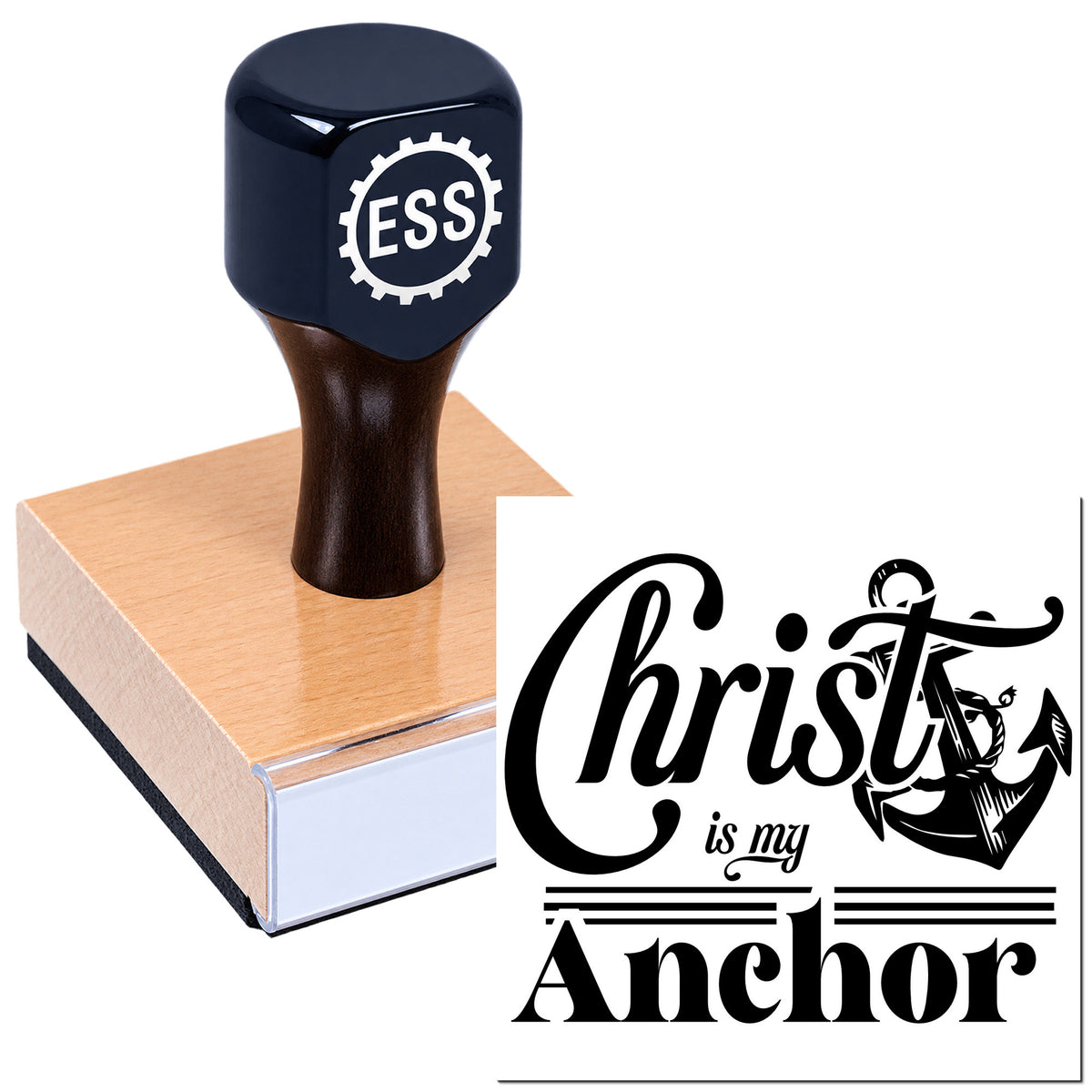 Black ESS rubber stamp on a wooden seal block with "Christ is my Anchor" design in black on white background.