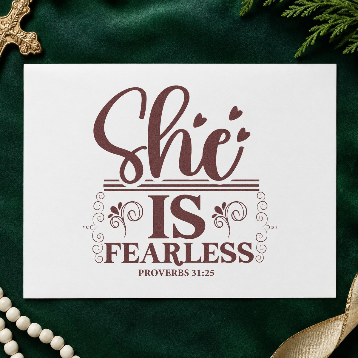 She Is Fearless rubber stamp printed in brown ink, ready for brave girl pages and similar paper crafts.